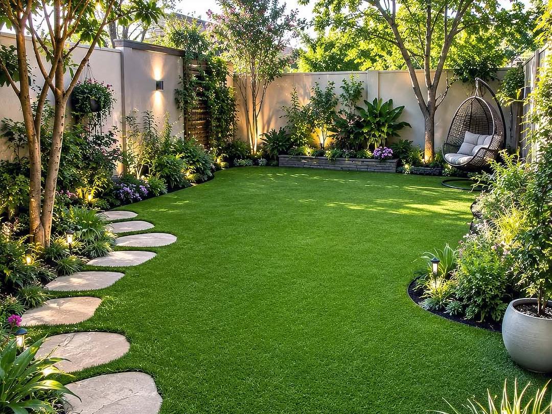 Landscaped backyard with artificial turf, stepping stones and planted borders